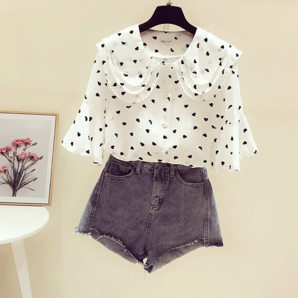 Women's Heart Print Layered Sailor Collar Butterfly Short Sleeves Blouse Shirt - Picture 6 of 9